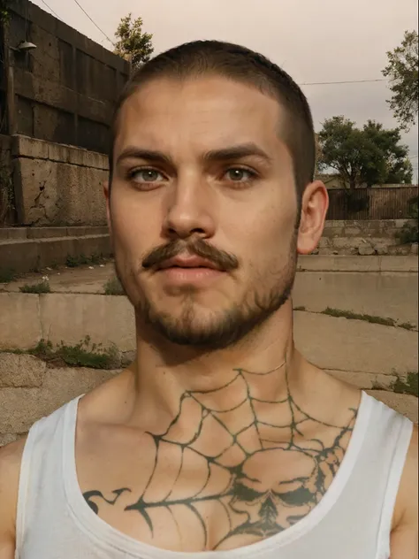 Real life adaption of this character, American man,same beard and moustache,realistic same buzz cut hair,realistic same white tank top outfit, realistic same tatto,realistic same background, realistic light, realistic shadow, realism, hyper realistic, (pho...