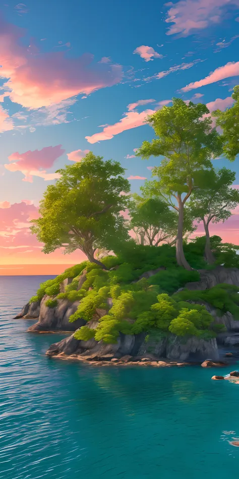 Show me a picture of an island with trees."8k, high dynamic range, Japanese cartoons, Higher resolution 16×9 --auto --s2