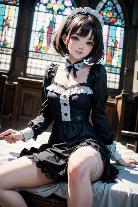 very cute and beautiful girl,(very detailed美しい顔),
(smile:1.2),blush,black hair,looking at the viewer,(Floral brown lolita dress with detailed ruffles),Fine lace,
sitting,spread your legs,(white panties),
altar,church,indoor,
(highest quality,masterpiece:1....