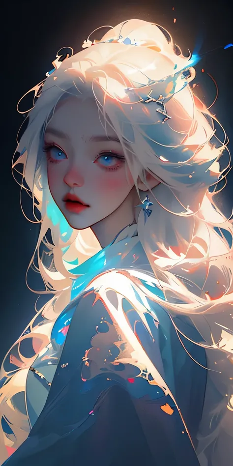 In a snowy landscape, there is a beautiful anime girl with long white hair and a blue dress. Her white hair is flowing and floating in the air, creating a mystical and ethereal atmosphere. She looks like a goddess with her enchanting appearance, exuding an...