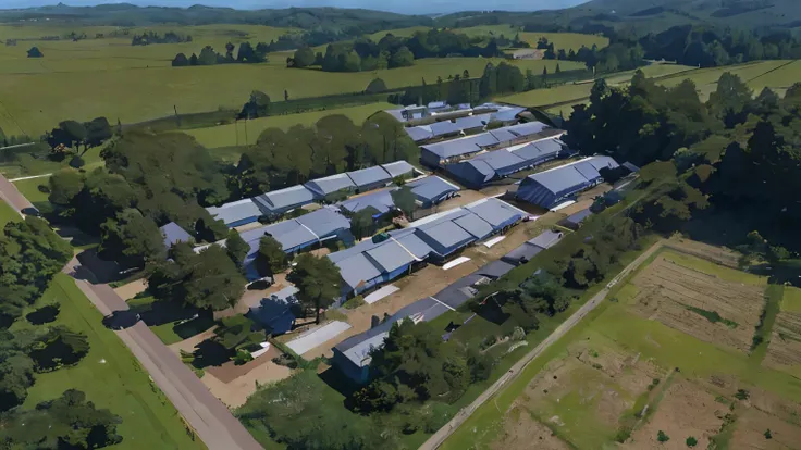 aerial view of a chicken farm with a lot of Malaysia trees and a road, photo taken from above, red truck park beside road, aerial shot, shot from a drone, aerial view from above, aerial shot from the drone, photo from above, aerial shot, ariel view, wide a...