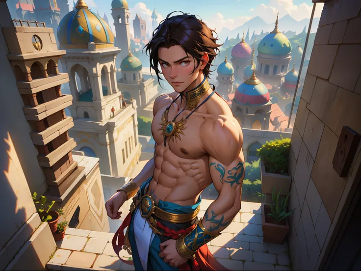 There is a young man standing on a balcony with a city in the background, handsome prince of persia, obra de arte al estilo de guweiz, artgerm y atey ghailan, ross tran 8 k, Ross Tran y Michael Whelan, al estilo de ross tran, Ross Tran y Bayard Wu, arte de...