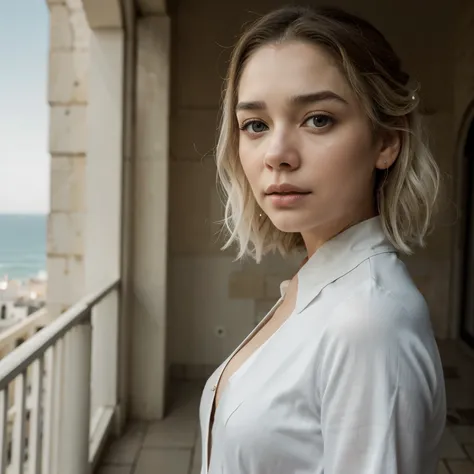 oil painting of (koh_emiliaclarke), (pelo largo:1.1), (standing on a balcony), (White tunica:1.1), muslos perfectos, (Castillo de Juego de Tronos al fondo.:1.2), atmospheric lighting, cinematographic composition, arte conceptual, digital illustration, deta...