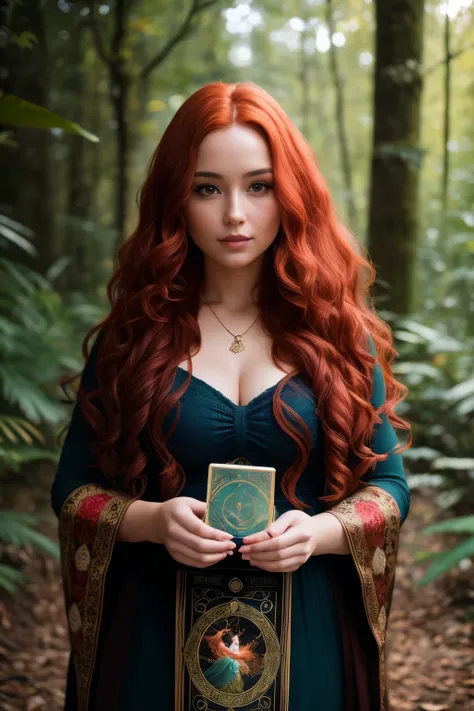 Beautiful and holistic 28-year-old woman with long, curly red hair, immersed in a serene forest environment. She gracefully holds a mystical tarot card in front of her, her expressive eyes reflecting a deep sense of wisdom and connection to nature. Magazin...