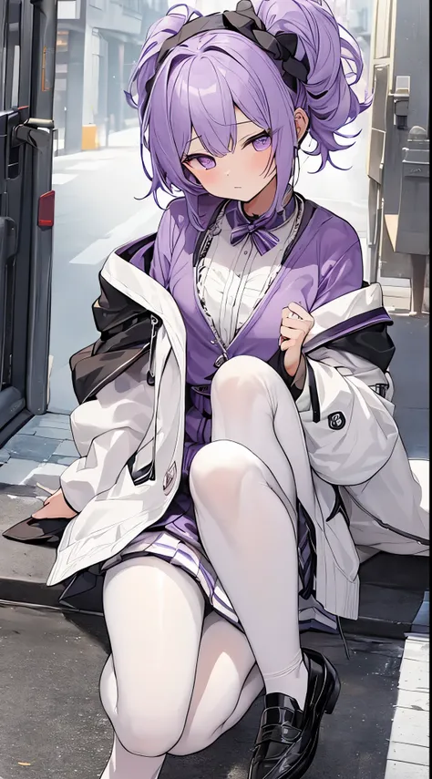 (1person:1.5),Beautiful boy dressed as a woman、purple hair、(short twin-tailed hair)、Scrunchies in the hair、hoodie、skirt、(huge white coat),(black pantyhose)、loafers、flat chest、erotic legs、very beautiful pupils、sitting on street,