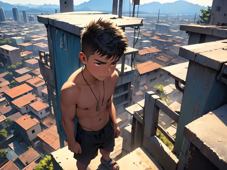 panoramic view cute 16 year old teenager looks sad from above a modern North American city, sin camisa falda tribal, esta perdido triste camina desconcertado
