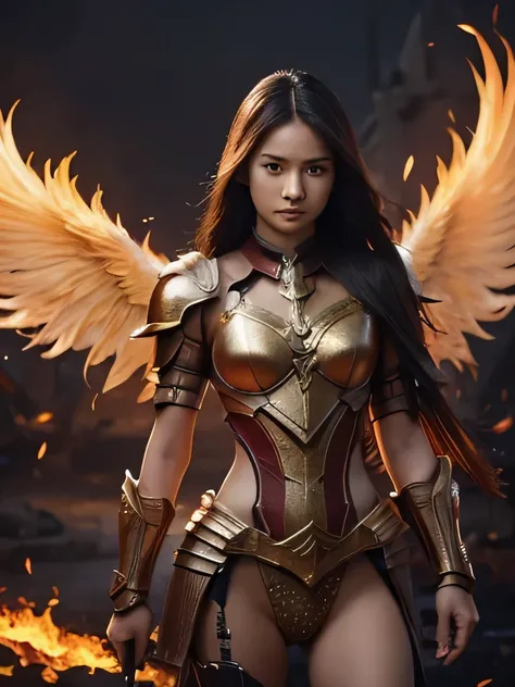 4K,hd, Indonesian, beauty,girl,war,armor, Phoenix,war,long hair,blade,fire ,wing,perfect face,perfect body,