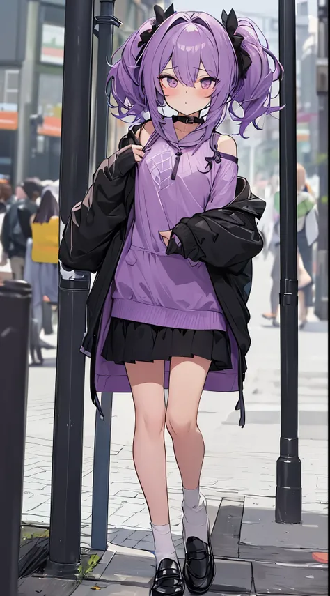 Beautiful boy dressed as a woman、purple hair、(short twin-tailed hair)、Scrunchies in the hair、hoodie、chiffon skirt、(black pantyhose)、loafers、flat chest、pat shoulders、erotic legs、very beautiful pupils、Tokimeki、nervous face、Full body illustration、walking on t...