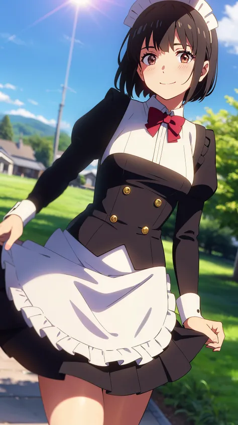 shinkai makoto, kimi no na wa., 1girl, bangs, black hair, short hair, blush, brown eyes, looking at the viewer, ((girl wear maid dress, short dress, short skirt, maid headdress)), Off-the-shoulders, red bow, red ribbon, smile, cute, happy, fun, joyful, sch...