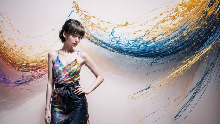 (Best quality, actual, photoactual, photo-actual, colorful, sharp focus), (full body, wide angle shot), (1 cute Japanese girl), (Nana Komatsu),Jackson Pollock action painting, kinetic expression, colorful hair, (Photograph Art Minimalism:1.1), simple backg...