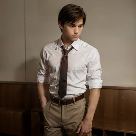 teenager boy using white dress shirt with dress pants and brown belt on a christian school 