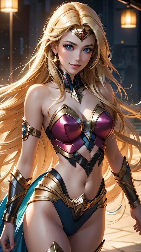 (best quality,ultra-detailed,photo-realistic:1.37),bright and vibrant colors,studio lighting,playful expression,stylish makeup,long blonde hair flowing in the wind,alluring eyes,glossy lips,sexy pose, DC Justice League, Headquarter, smiling in a confident ...