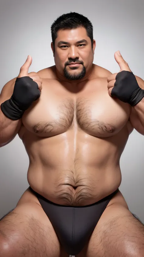 black hair, middle-aged man, individual, male, Muscular wrestler, muscular, Stout wrestler, Asian, Japanese, uncle, 55 year old middle-aged man, short hair, short hair, white wrestling boots, full body portrait, shadow, Vision, white briefs, obesity, 45 ye...