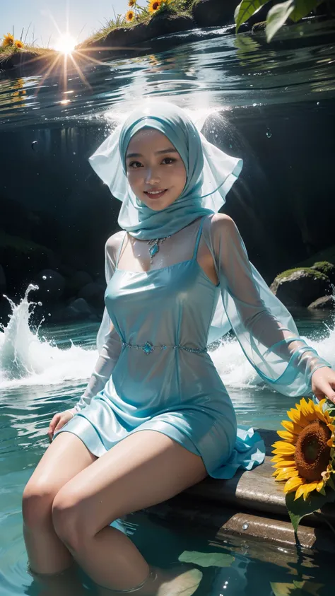 Indonesian woman with a radiant smile sits in the crystal-clear water, her sunflower dress and hijab extending out in the surrounding waves, long sleeves gently swaying in the current. In this close-up fantasy, water magic comes to life as droplets cascade...