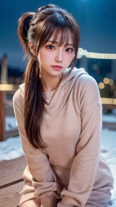 blush,14 years old,small breasts,winter,european cityscape,night,long hair ponytail,outdoors,warm winter clothes,wearing a hoodie with a hood,close up of face,((8K, Raw photo, best quality, muste piece:1.2), (Reality, photorealistic:1.4), (Highly detailed ...