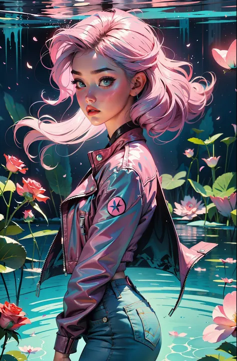 cyberpunk female woman wearing (Rose Quartz Pink Denim Jacket with chromatic accents:1.1), sleek full bodysuit, (Petal Blush,Lagoon Blue color background:1.3),