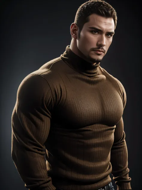 Tall giant muscular 肌肉男，Brown-gray turtleneck long-sleeved sweater，stretch sweater texture，character concept（Resident Evil - chris redfield，chris redfield）sad expression，Deep and charming eyes，heroic male pose，高大burly，muscular！High, burly, Heqiang，  Super ...