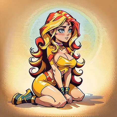 Sunset Shimmer bare big breasts, full body portrait with high heeled boots, cowboy shot, full-length, Sunset Shimmer aged 25, topless, bare breasts, big breasts, shoes visible, detailed anime eyes, adesivo, fundo simples, full portrait, long hair, beautifu...