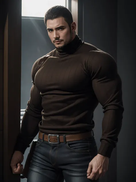 Tall giant muscular 肌肉男，Brown-gray turtleneck long-sleeved sweater，stretch sweater texture，jeans，character concept（Resident Evil - chris redfield，chris redfield）sad expression，Deep and charming eyes，heroic male pose，高大burly，muscular！muscular大腿，High, burly,...