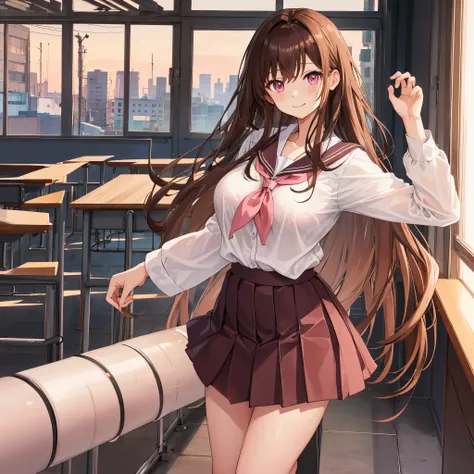 high quality、beautiful girl、one girl、brown hair、length、pink eyes、slight smile、school uniform、mini skirt、big breasts、classroom