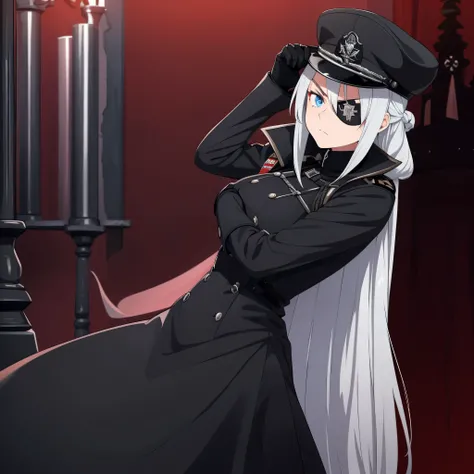 A woman, with silver hair with a reddish tone, light blue eyes, an eye patch, wearing a long black gothic coat with a slightly reddish tone, with iron cross symbols on the silver coat, black officers hat with dress detail, with a iron cross, jump with iron...