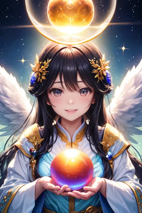 angel&#39;s blessing､bright background、kindness､laughter、kind､Holding a dazzling crystal ball in both hands and looking at the camera、close your mouth