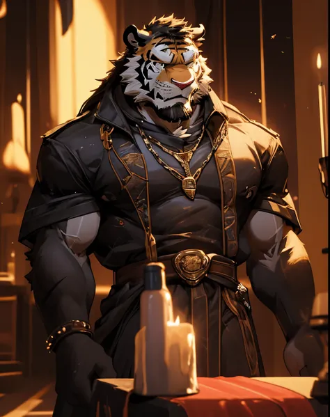 white tiger orc，black hair，black beard，black and white fur，Pale golden pupils，muscular，Strong build，sit on the throne，Raise one foot to the camera