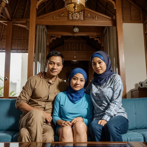 Make a friendly close up photo style, 3 people, two people aged 48 years, an Indonesian man, one person aged 45 years, a WOMAN, wearing a hijab, and a young adult aged 30 years, they are wearing casual casual clothes, sitting on the sofa, each other huggin...