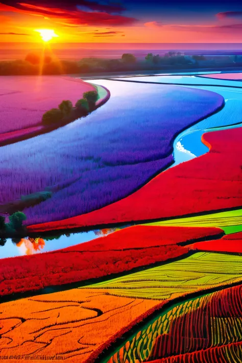 best quality, fractal art, art design, rice fields, autumn, harvest time, dragonfly, bright red sunset, (waterway:0.7)