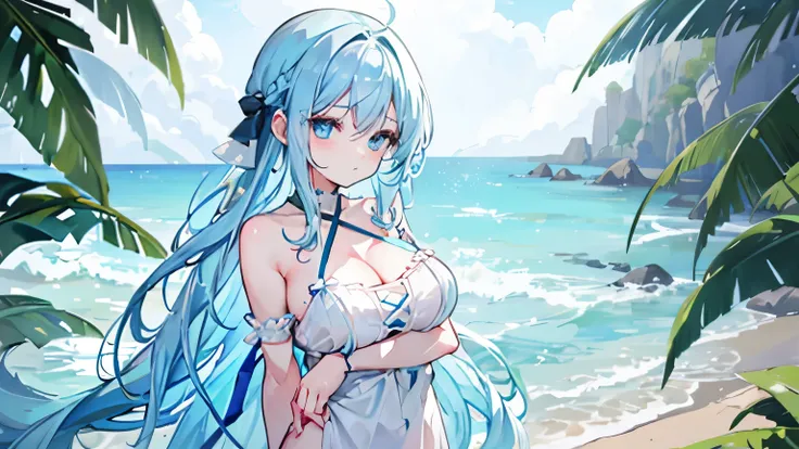 light blue hair girl, shyุ 25 ปี,  body, light blue eyes, long hair,Green braid tied in bows left and right........very big breasts, A white bandage was wrapped around his chest....Wear black jeans..... From America...,(shy).....The background is a sandy b...