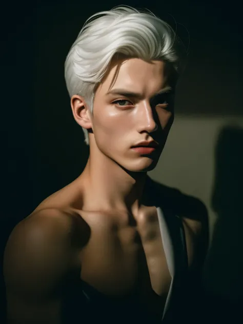 Portrait photo of young and handsome man , 20 years old , white hair , wearing nothing,  artistic portrait , sexy posing , dark light , art , cinematic elegance, elegantly formal