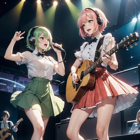 An idol singer with twin vocals and guitars of a transcendently cute beautiful girl with short green hair and a beautiful woman with long peach-colored hair in the background of outer space２People face to face, wearing headsets, singing and dancing cheerfu...