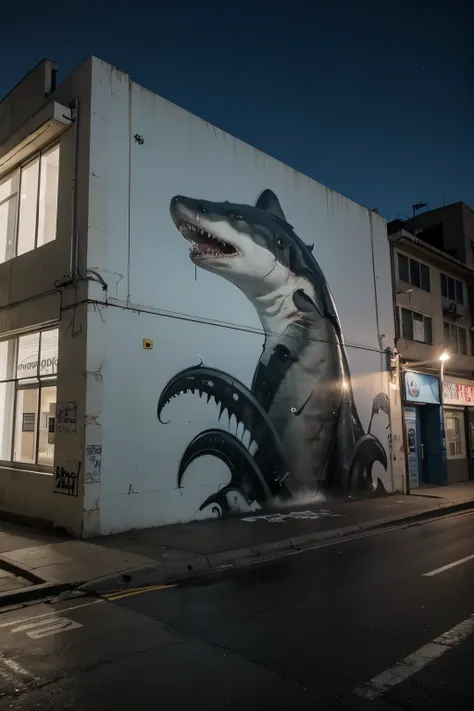 graffiti de 2 tiburones en edificio de ciudad ciberpunk en la noche
