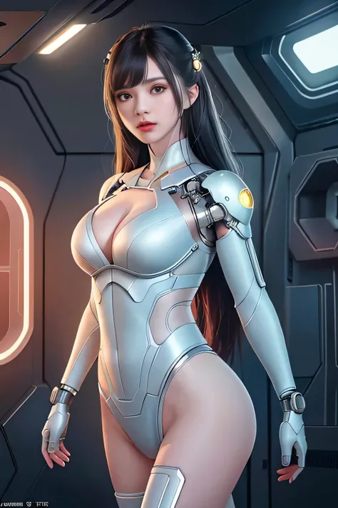 Dystopian, [sci-fi], High Detail RAW color Photo, Full Shot, of (cute female arterial intelligence, cybernetic enhancements), indoors, standing, (inside cryogenic chamber, in advanced cyberpunk research facility), toned physique, (cup D breasts, normal, la...