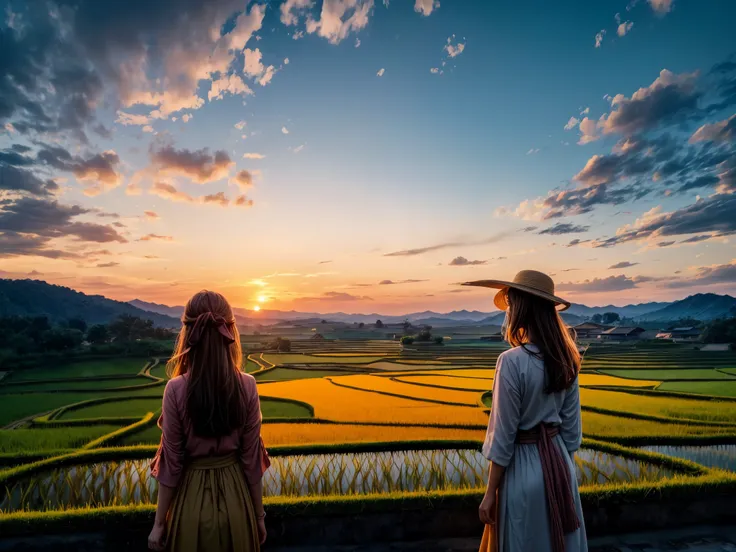 A girl looking at the sunset in a peaceful rural scenery of rice paddies. The terraced fields, painted in autumn colors, stretch as far as the eyes can see. The golden stalks of rice sway gently in the breeze, creating a mesmerizing sight. The girl stands ...