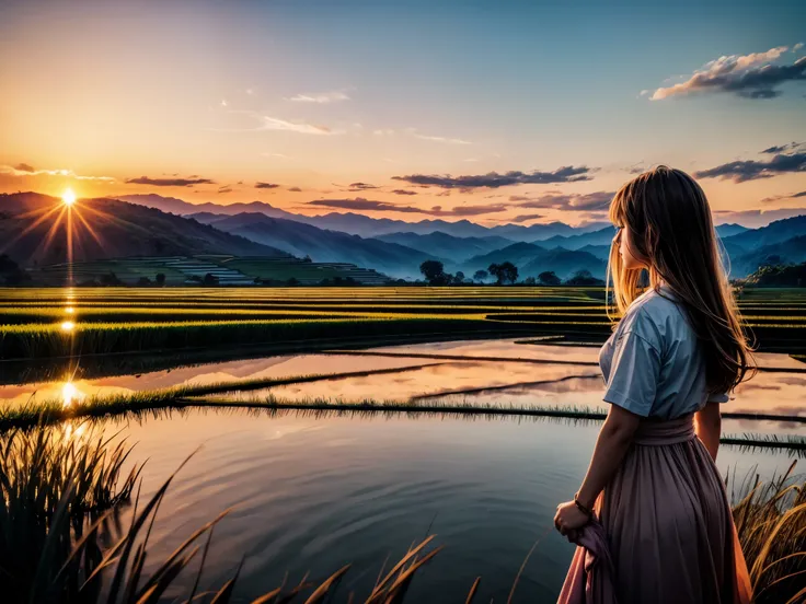 A girl looking at the sunset in a peaceful rural scenery of rice paddies. The terraced fields, painted in autumn colors, stretch as far as the eyes can see. The golden stalks of rice sway gently in the breeze, creating a mesmerizing sight. The girl stands ...