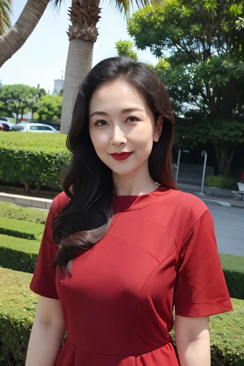 Draw lips correctly, red lipstick, from chest up, best quality, Super detailed, lifelike, Super fine skin, perfect anatomy, (1 日本Mature的女人), (alone)，Wearing a black round neck dress，short sleeve，wavy long hair，37-year-old female，Mature，charming smile，garde...