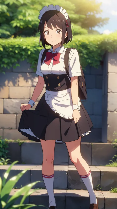 shinkai makoto, kimi no na wa., 1girl, bangs, black hair, short hair, blush, brown eyes, looking at the viewer, ((girl wear maid dress, short sleeves, short dress, short skirt, maid headdress)), school uniform, red bow, red ribbon, smile, cute, school back...