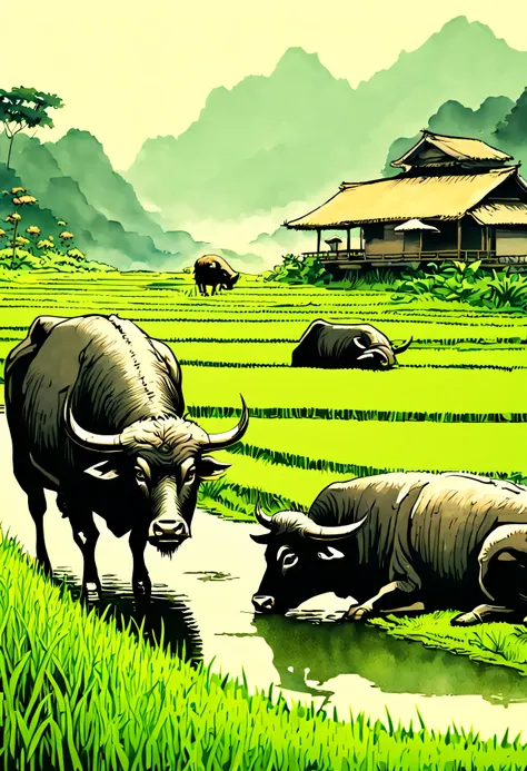 illustrate steep hillside rice paddy, rice plant field, intricate detailed rice growing, at the equilibrium marsh water level, a massive tired lazily water buffalo munches on a rice culm stem, wetlands candid lifestyle photography rotoscope hand made art, ...