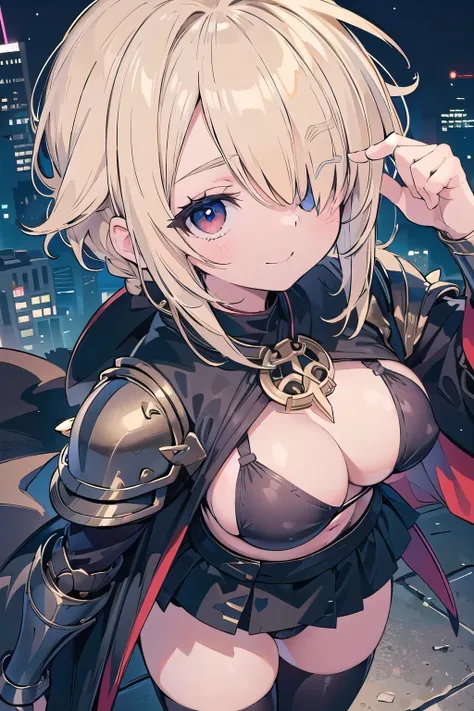 (masterpiece:1.2), (highest quality:1.2), perfect eyes, perfect face, perfect lighting, middle ages, city, 1 girl, clear　blonde　((((((hair over one eye)))))), Braid Styles, spiked hair, blunt bangs, bob hair, a braid, Ahoge　red eyes, (((black bikini armor)...