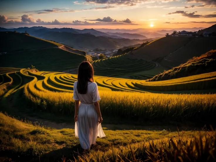 Rice field, peaceful rural landscape, terraced fields, sunset, sky and sea, girl looking at the sun setting into the sea, autumn, rice is ripening