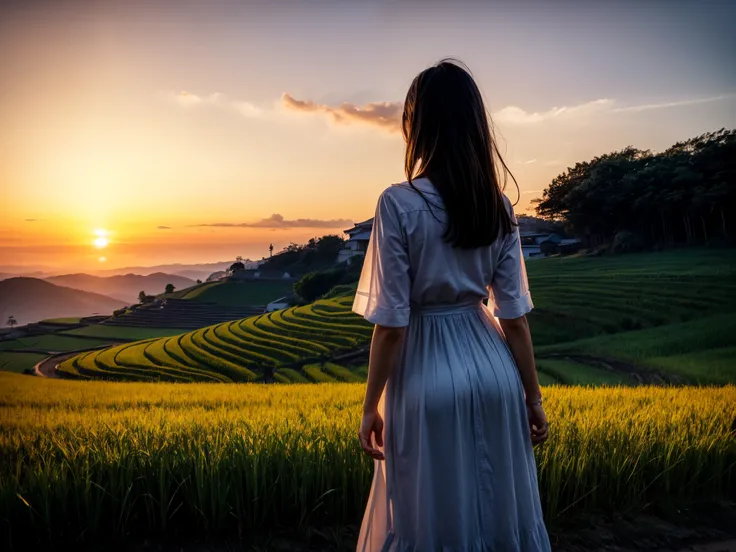 Rice field, peaceful rural landscape, terraced fields, sunset, sky and sea, girl looking at the sun setting into the sea, autumn, rice is ripening