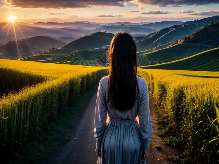 Rice field, peaceful rural landscape, terraced fields, sunset, sky and sea, girl looking at the sun setting into the sea, autumn, rice is ripening