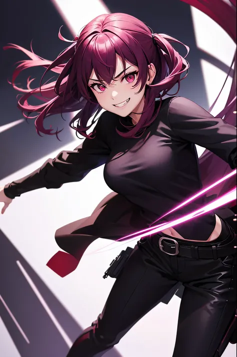 ((solo)), sharp face, teenager, woman, sharp eyes, grinning face, gesugao face, purplish-red eyes, purplish-red hair, black pants, black shirt, lightning, anime style
