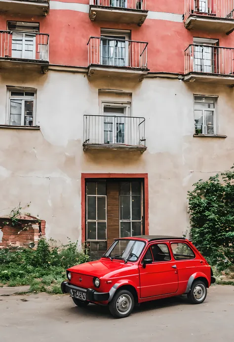 Red Fiat 126p standing in front on a communist-bloc apartment, 