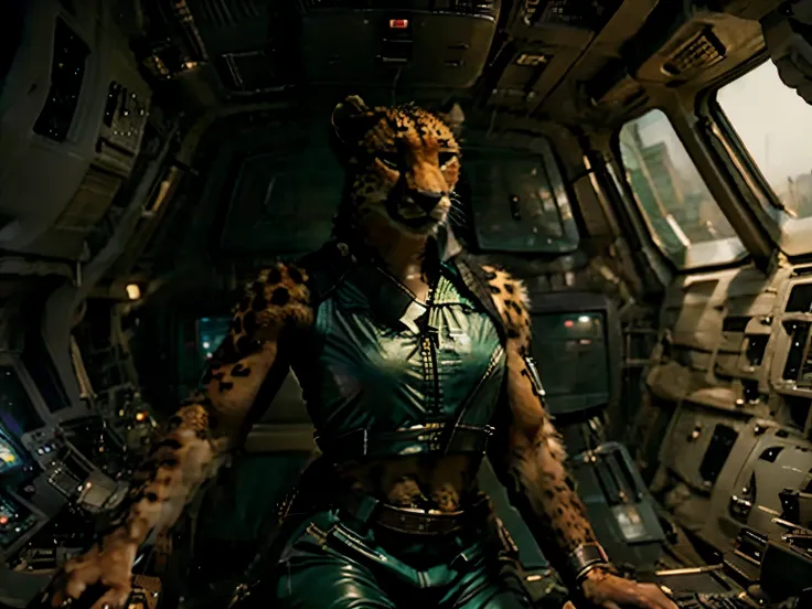 (male anthropomorphic cheetah in a flight suit), photo realistic anthro cheetah pilot in a space ship, hyper realistic cheetah, ...