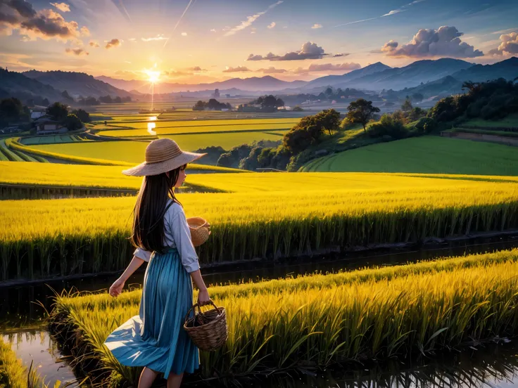 Rice field, peaceful rural landscape, terraced fields, sunset, sky and sea, autumn, rice ripening, a girl harvesting rice