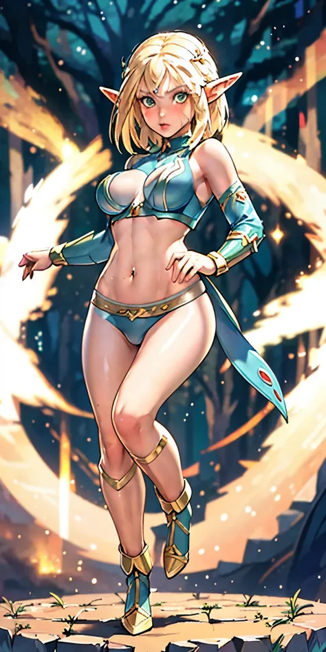 (masterpiece, best quality), (full body:1.6), standing (small fighting elven 1girl:1.6),(magical),(cute,adorable:1.3),blonde hair, green eyes, medium breast, beautiful, detailed, enchanted breastplate with precious gemstones, white thigh-high greaves, sedu...