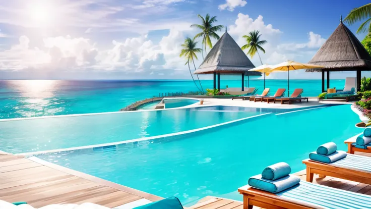 Plenty of lounge chairs and umbrellas by the pool,  Tropical Pool, peaceful, pool connected to the sea, Maldives on the background, 2 Tropical Pool, wide full shot, exclusive, f / 1, relax!, f/16, f / 1 6, true realistic image, 2 0 1 5