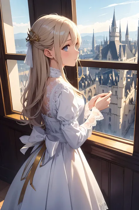 1girl, ware lace white gothic, looking at view, Gold Castle so far on glass background